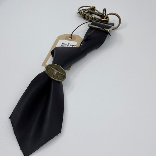 Navy Calfskin Necktie Bag Charm with Long Horn, Champagne Cold Buckle & Unique Clasp